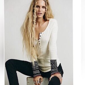 Free People Alpine Cuff Sleeve Knit Thermal Boho Long Sleeve Top M E15